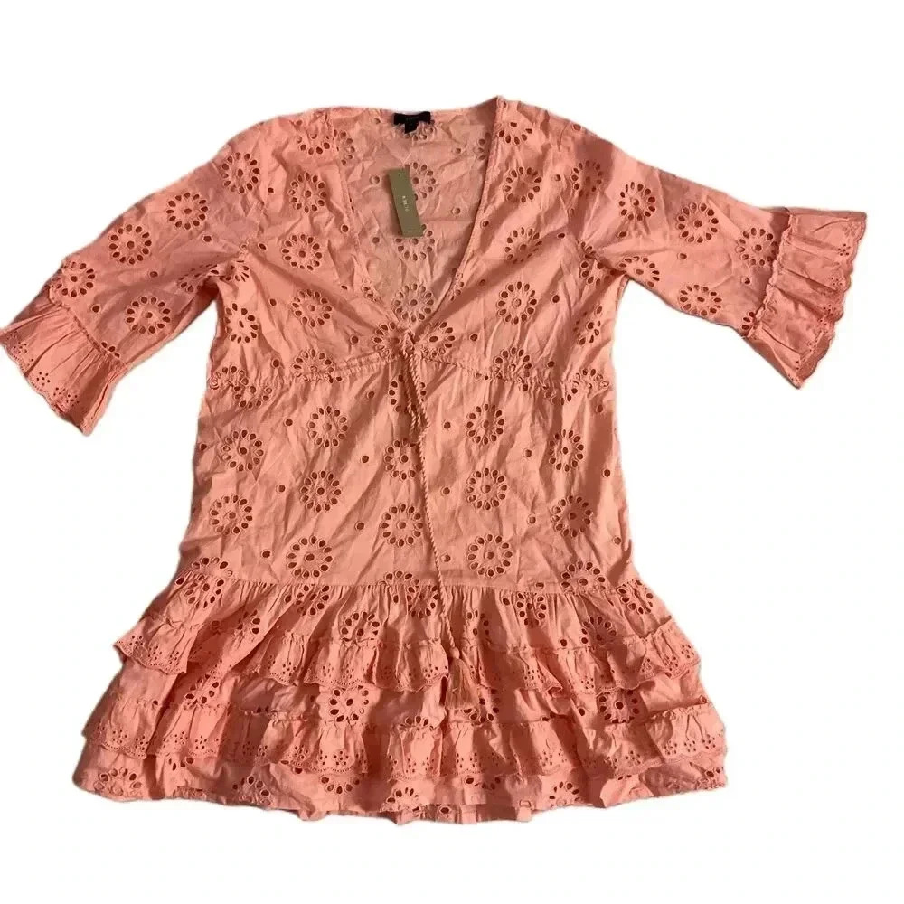 NWT J.Crew Pink Eyelet Lace Vneck‎ Ruffled Hem Mini Dress Medium